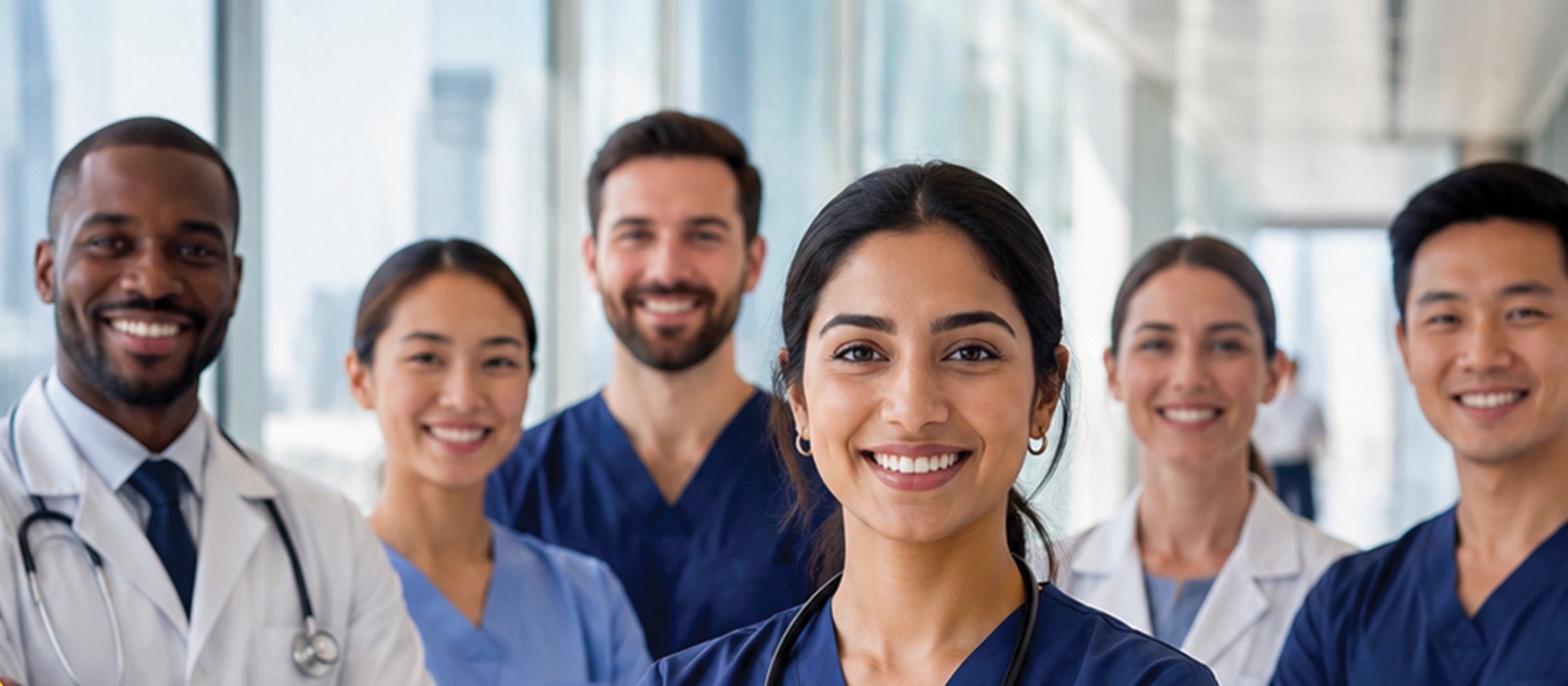 A team of doctors and nurses standing together in a hospital